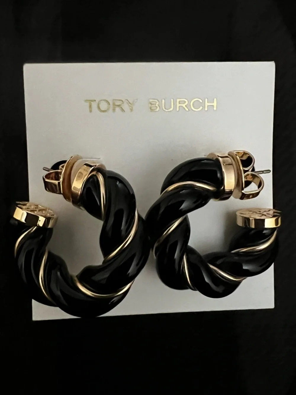 NWT Authentic Tory Burch Black and Gold Textured Rope Hoop Earrings